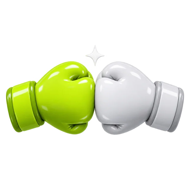 Two boxing gloves touching, one lime and one white